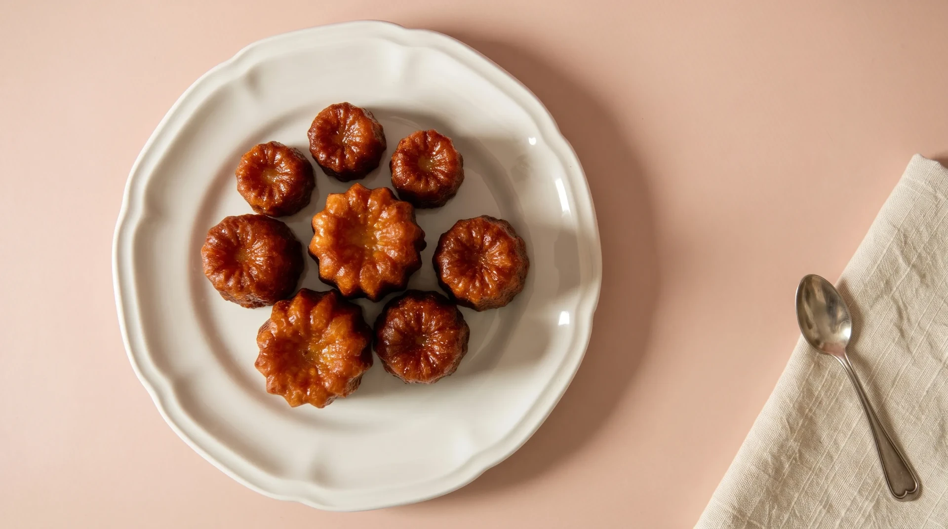 Canelés artesanales en un plato blanco, vistos desde arriba